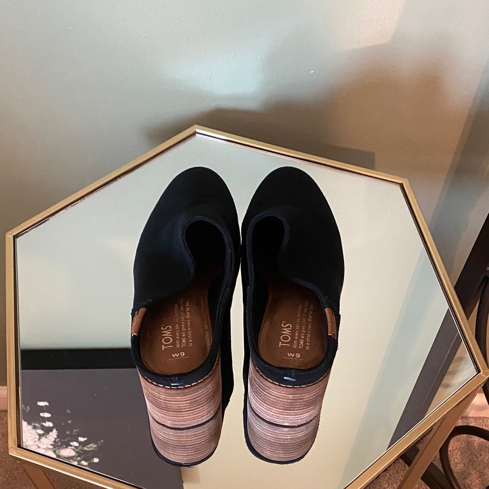 TOMS Black Suede Clogs with Wooden Heel - Picture 3 of 9